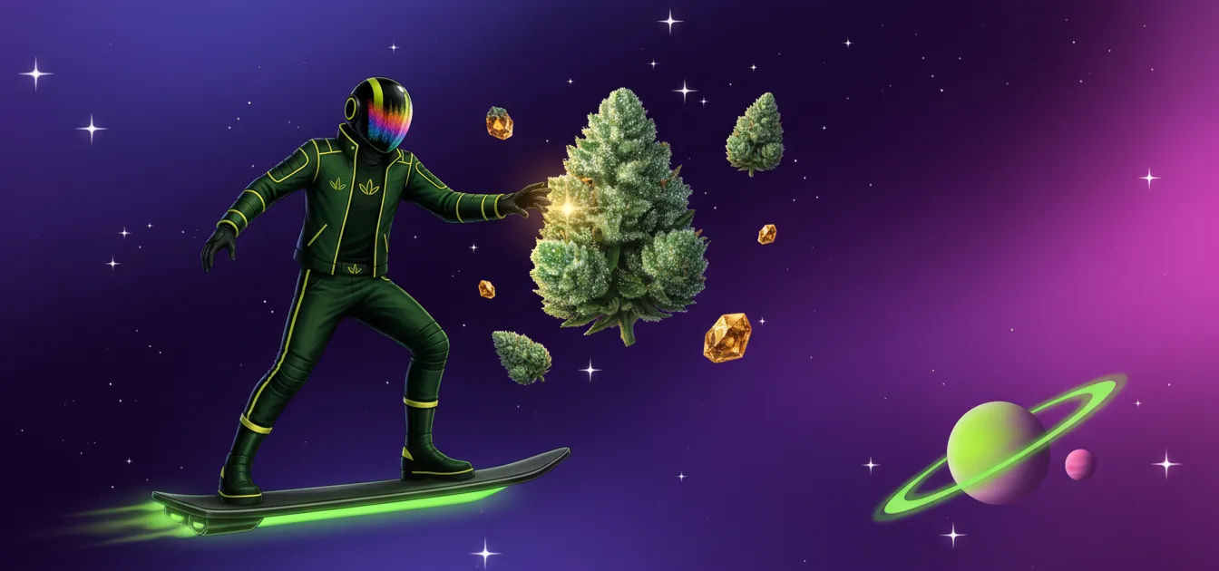 Trinity, la mascotte du CBD Discount, file en hoverboard dans l'espace et attrape une tête de CBD en apesanteur.